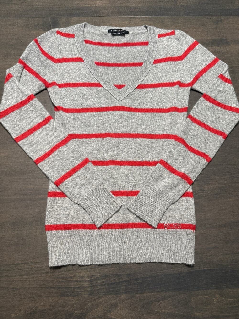 BCBG Maxazria Womens M V-Neck Sweater Angora Wool Blend Pullover Striped Gray